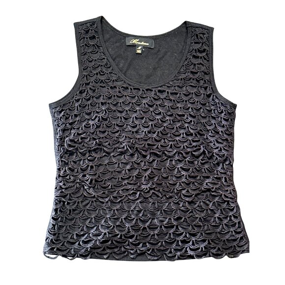 Monteau Size Med Black Scallop Textured Scoop Neck Tank Top Minimalist City Chic - Picture 7 of 8